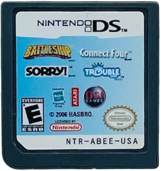 Battleship / Connect Four / Sorry / Trouble for Nintendo DS (DS), cartridge for a retro video game featuring classic board game adaptations, strategy gameplay, multiplayer modes, puzzle challenges, and family-friendly competitive fun