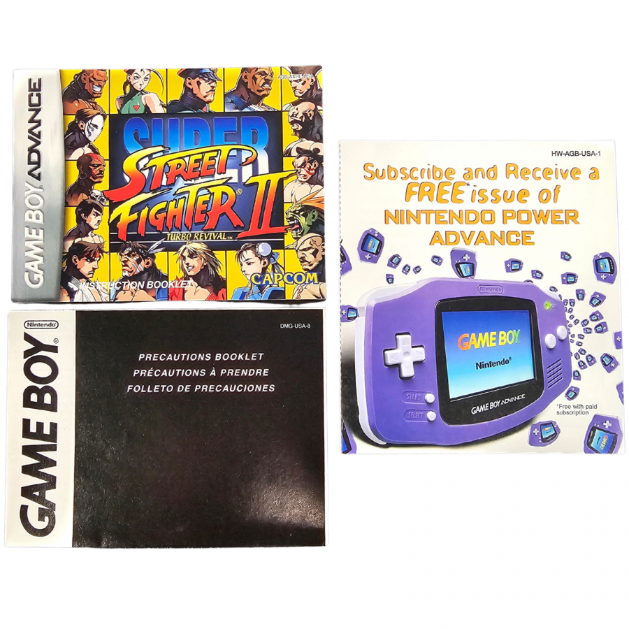 Super Street Fighter II Game Boy Advance GBA video game Complete In Box CIB featuring classic fighting gameplay iconic Street Fighter characters special moves combo attacks competitive battles arcade style action and classic handheld Nintendo gameplay retro video game collection collectible gaming appeal inserts