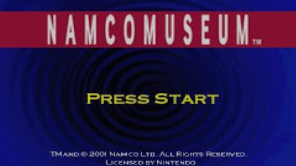 Namco Museum Game Boy Advance GBA compilation arcade classic video games collection including Pac-Man Ms Pac-Man Galaga Galaxian Dig Dug Pole Position and Rolling Thunder Namco Bandai anthology portable retro gaming main menu title screen