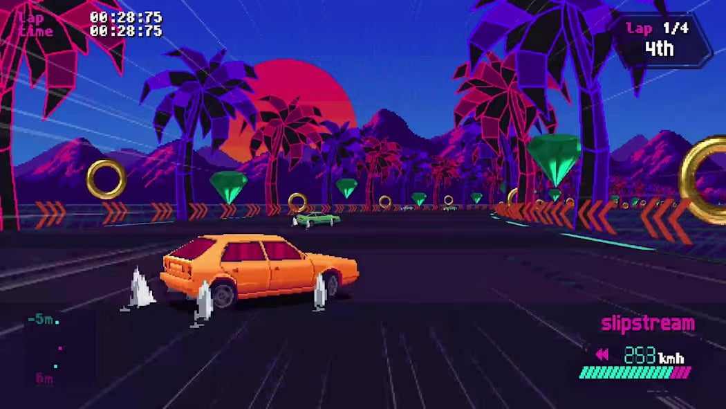 Slipstream Deluxe Edition Nintendo Switch arcade racing game OutRun style pseudo 3D sprite scaling drift mechanics branching paths multiplayer split screen synthwave soundtrack Deluxe case gameplay 