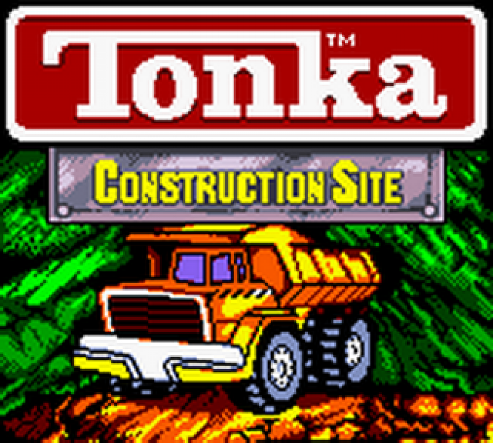 Tonka Construction Site for Game Boy Color, title page for a simulation video game with construction vehicle gameplay, mini-games, task-based challenges, and family-friendly activities