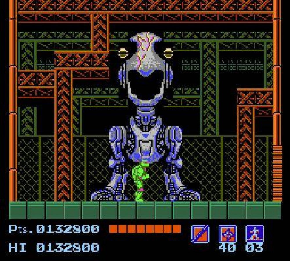 Teenage Mutant Ninja Turtles cartridge for the Nintendo Entertainment System featuring retro 8 bit side scrolling action as Leonardo Donatello Michelangelo and Raphael battle Shredder and the Foot Clan across New York City gameplay 