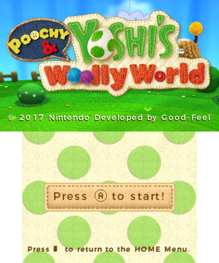Poochy & Yoshi's Wooly World start screen for Nintendo 3DS (3DS) adventure video game
