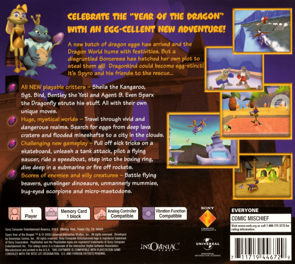 Spyro: Year of the Dragon back of case for PlayStation 1 (PS1) platformer adventure video game