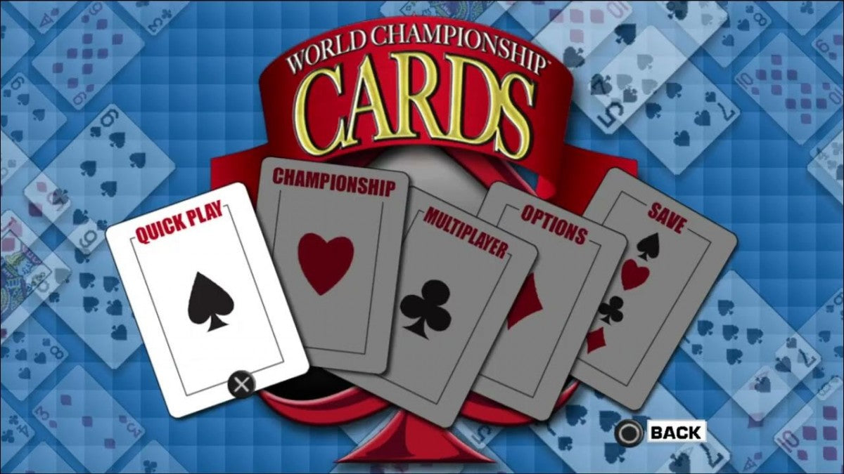 World Championship Cards PlayStation 2 card game compilation featuring classic games poker solitaire bridge hearts spades euchre cribbage multiplayer modes Casino Magic license main menu game select