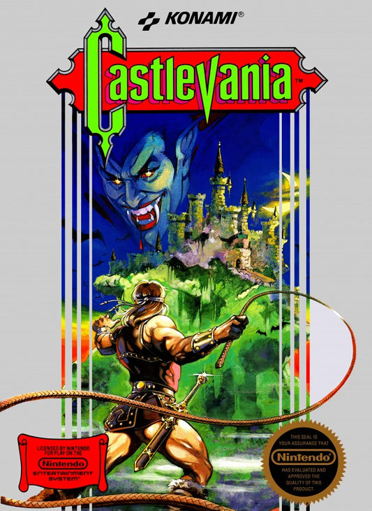Castlevania cartridge for the Nintendo Entertainment System featuring a gothic 8 bit side scrolling action platformer with vampire hunting gameplay as Simon Belmont battling through Dracula’s castle cover art
