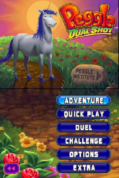 Peggle Dual Shot Nintendo DS puzzle game compilation with whimsical characters and precision shooting gameplay for handheld consoles main menu game select