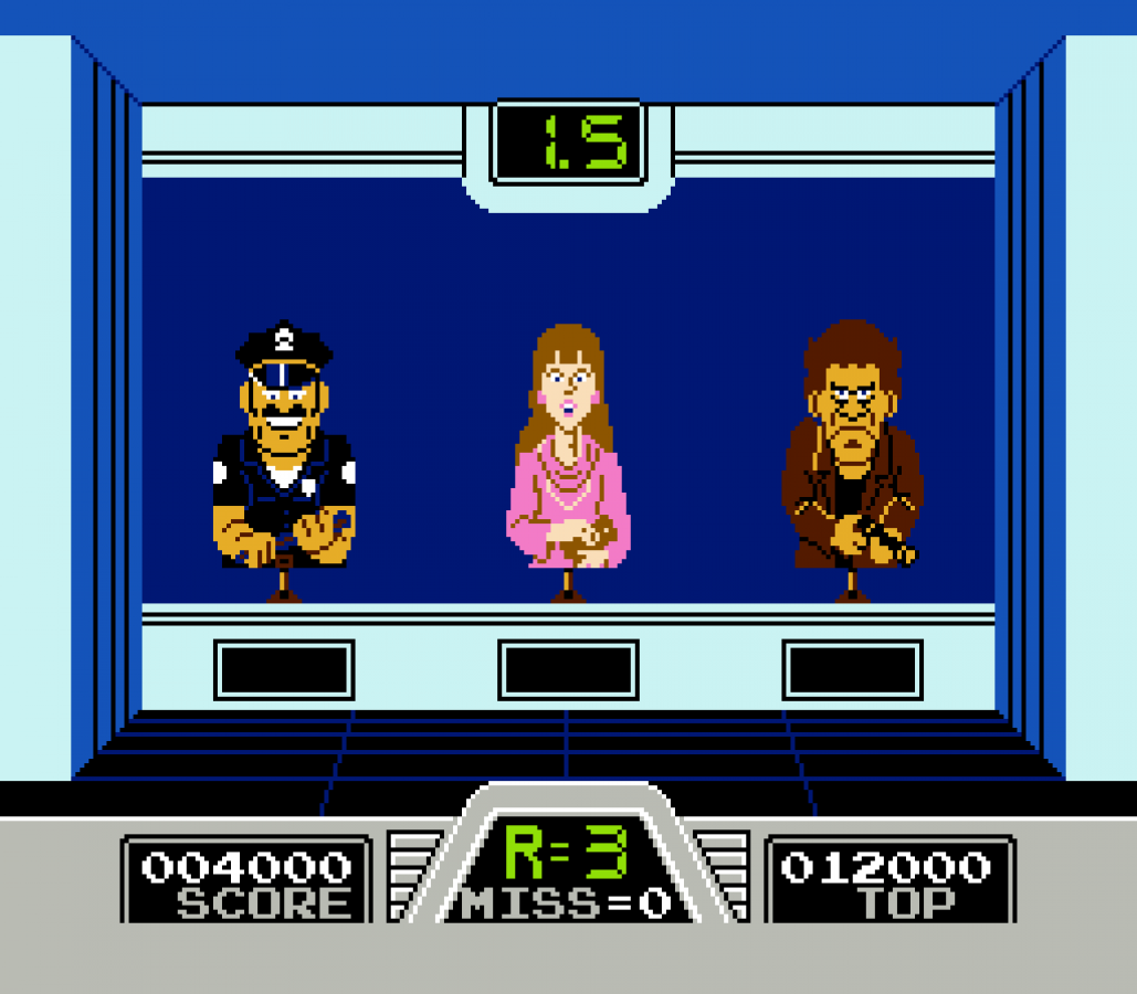 Hogan's Alley 5 Screw Nintendo Entertainment System NES video game featuring light gun shooting gameplay target practice wild west shooting gallery gangster and civilian targets quick reflex challenges classic 8 bit Nintendo action retro video game collection collectible gaming appeal gameplay