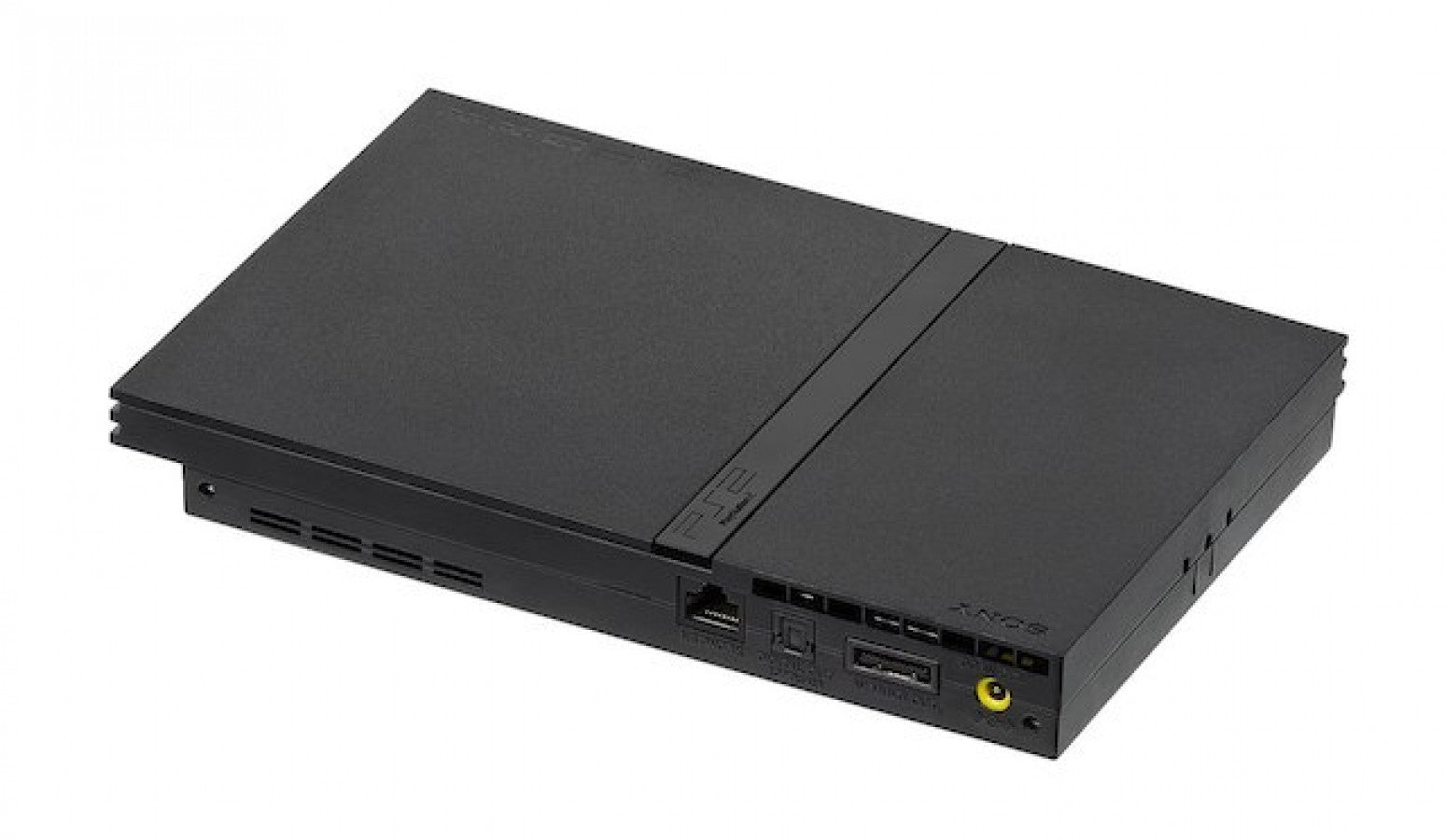 Rear view of the PlayStation 2 Slim console, showing power input, AV multi-out, digital out ports, and ventilation design, detailed image highlighting console connectivity and structure