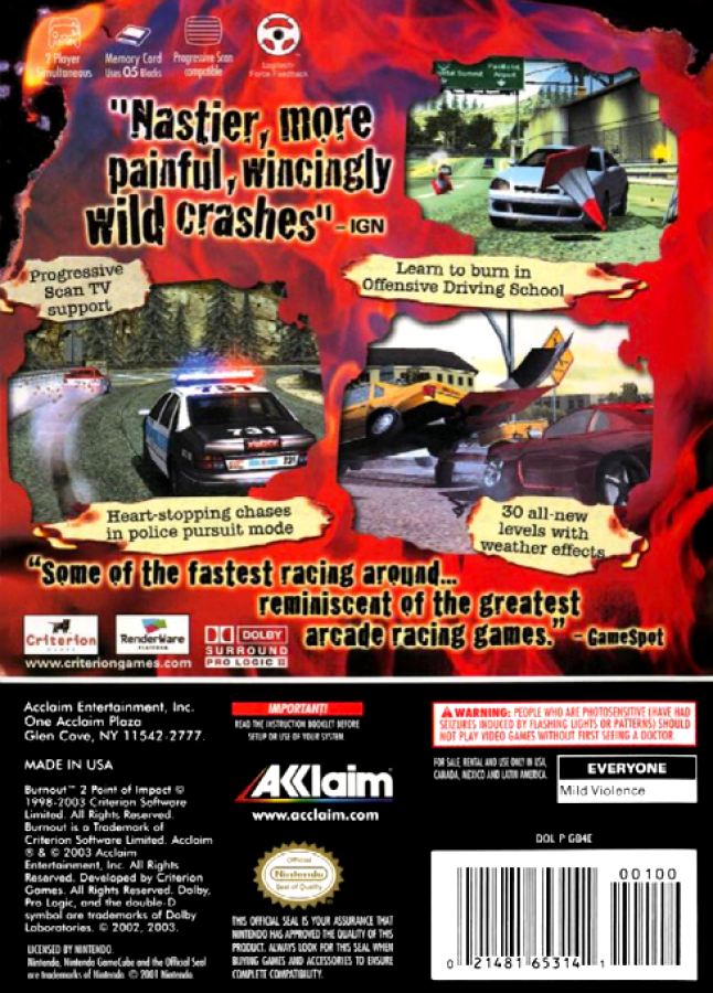 Burnout 2: Point of Impact back of case for GameCube (GC) arcade racing video game