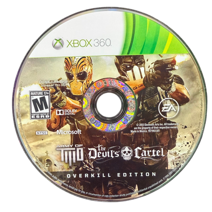 Army of Two The Devil’s Cartel Xbox 360 cover art for retro video game enthusiasts featuring cooperative third person shooter gameplay tactical cover based combat explosive missions cartel warfare setting weapon customization systems and cinematic action packed military style gaming experience and collectible gaming appeal disc