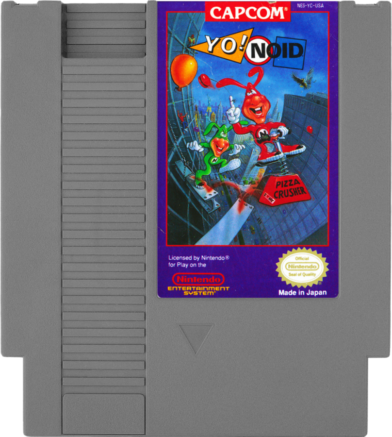 Yo! Noid Nintendo Entertainment System NES video game featuring side scrolling platformer gameplay Domino's Pizza mascot The Noid pizza themed adventure jumping challenges enemy encounters yo yo combat collectible items obstacle courses colorful levels boss battles and classic 8 bit Nintendo arcade action retro video game collection collectible gaming appeal game cartridge