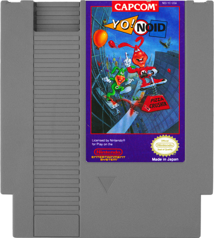 Yo! Noid Nintendo Entertainment System NES video game featuring side scrolling platformer gameplay Domino's Pizza mascot The Noid pizza themed adventure jumping challenges enemy encounters yo yo combat collectible items obstacle courses colorful levels boss battles and classic 8 bit Nintendo arcade action retro video game collection collectible gaming appeal game cartridge
