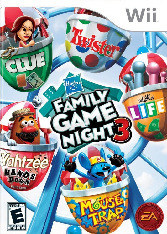 Family Game Night 3 game for the Nintendo Wii featuring digital versions of classic board games like Monopoly Twister and The Game of Life with motion controls multiplayer modes and family friendly party gameplay cover art