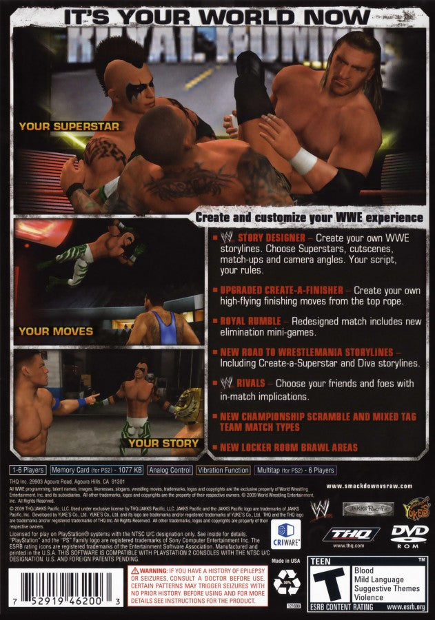 WWE SmackDown vs Raw 2010 PlayStation 2 PS2 video game featuring professional wrestling gameplay WWE superstars signature moves championship matches wrestling rivalries Road to WrestleMania story mode create a superstar character customization career challenges multiplayer matches and classic PlayStation 2 sports entertainment action retro video game collection collectible gaming appeal back cover art