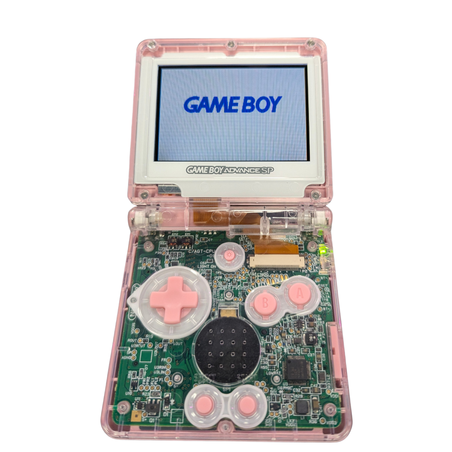 Game Boy Advance SP GBA SP handheld console custom pink shell replacement clamshell design backlit screen rechargeable battery Nintendo portable retro gaming open and turned on