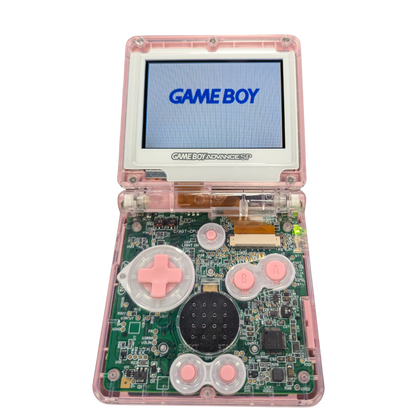 Game Boy Advance SP GBA SP handheld console custom pink shell replacement clamshell design backlit screen rechargeable battery Nintendo portable retro gaming open and turned on