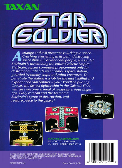 Star Soldier Nintendo Entertainment System NES video game featuring vertical scrolling shoot em up gameplay spaceship combat enemy waves power ups challenging stages boss battles and classic 8 bit arcade action retro video game collection collectible gaming appeal back cover art