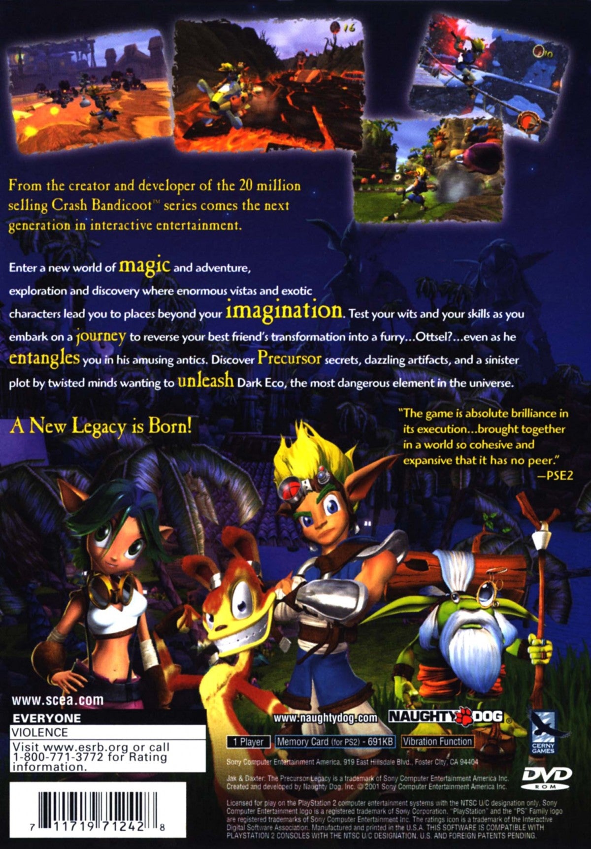 Jak and Daxter: The Precursor Legacy back cover art for PlayStation 2 (PS2) video game