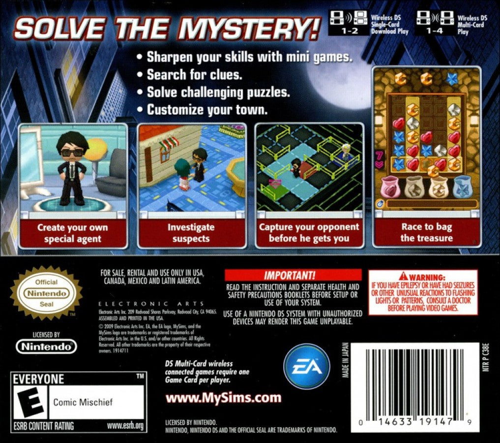 MySims Agents for Nintendo DS, back of case for an action-adventure simulation video game with detective gameplay, puzzle-solving, mission-based progression, and cartoon-style characters