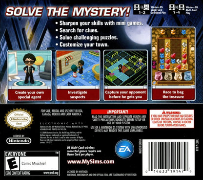MySims Agents for Nintendo DS, back of case for an action-adventure simulation video game with detective gameplay, puzzle-solving, mission-based progression, and cartoon-style characters