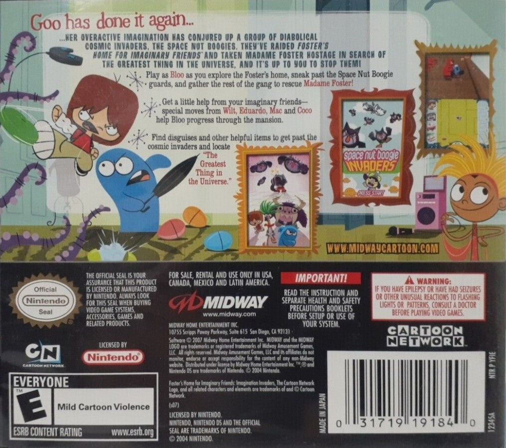 Foster’s Home for Imaginary Friends Imagination Invaders for Nintendo DS, back of case for an action-adventure platformer video game with cartoon-style gameplay, puzzle-solving, and character-based missions 