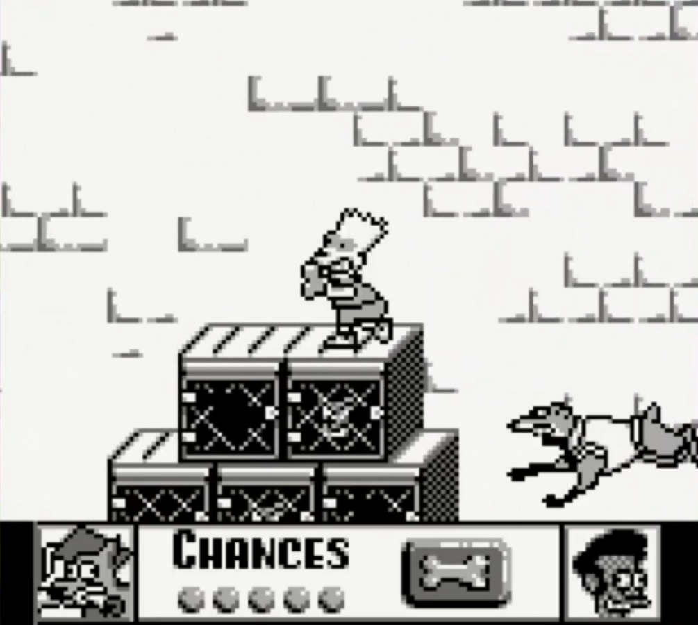 The Simpsons Bart vs the Juggernauts Game Boy handheld action puzzle game featuring Bart Simpson trivia challenges against celebrity opponents gameplay
