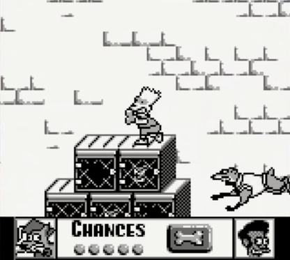 The Simpsons Bart vs the Juggernauts Game Boy handheld action puzzle game featuring Bart Simpson trivia challenges against celebrity opponents gameplay