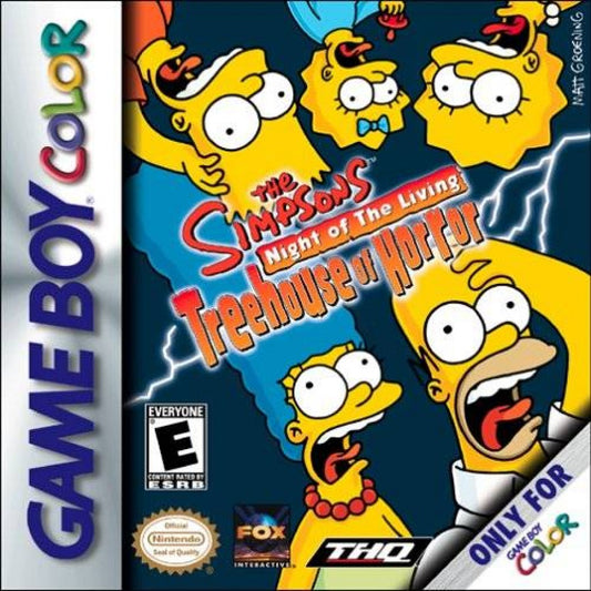 The Simpsons Night of the Living Treehouse of Horror for Game Boy Color, cover image for a platformer video game with side-scrolling gameplay, Halloween-themed levels, character-based challenges, and cartoon-style action