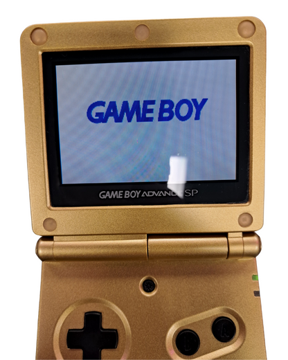Game Boy Advance SP AGS-101 Custom Hyrule Shell Nintendo Game Boy Advance SP handheld console AGS-101 model with backlit screen custom Hyrule themed shell clamshell design rechargeable battery portable retro gaming system open on