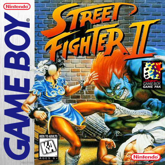Game Boy 'Street Fighter II' cover art with characters and Nintendo logo.