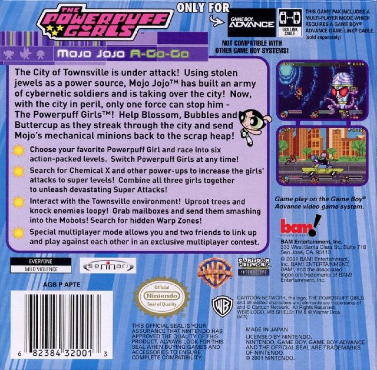 The Powerpuff Girls Mojo Jojo A-Go-Go for Game Boy Advance, back of case for a platformer action video game with side-scrolling gameplay, cartoon-style combat, character-based challenges, and villain-themed adventure