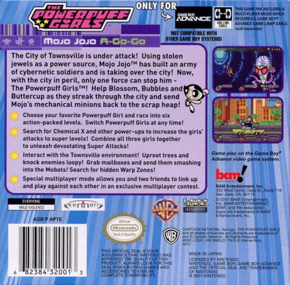 The Powerpuff Girls Mojo Jojo A-Go-Go for Game Boy Advance, back of case for a platformer action video game with side-scrolling gameplay, cartoon-style combat, character-based challenges, and villain-themed adventure