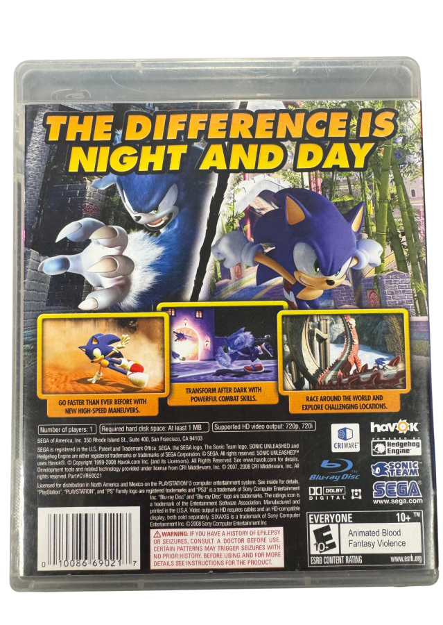 Sonic Unleashed PlayStation 3 PS3 video game featuring Sonic the Hedgehog action platforming gameplay high speed running stages Werehog combat adventure exploration colorful environments enemy battles special abilities and classic PlayStation 3 gameplay retro video game collection collectible gaming appeal back cover art