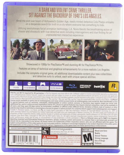 L.A. Noire PlayStation 4 PS4 for action adventure detective video game fans featuring crime investigation interrogation gameplay police cases open world Los Angeles exploration evidence gathering realistic facial animation cinematic storytelling vehicle driving and immersive noir atmosphere collectible gaming appeal back cover art
