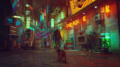 Stray for PlayStation 5 with futuristic city exploration featuring a stray cat protagonist gameplay