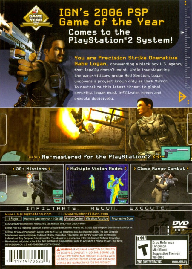 Syphon Filter Dark Mirror PlayStation 2 PS2 for action stealth video game fans featuring tactical espionage gameplay third person shooter combat covert operations stealth missions realistic weapons cinematic storytelling special agent action immersive military adventure collectible gaming appeal back cover art