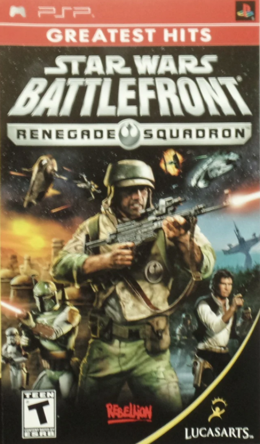 Star Wars Battlefront Renegade Squadron Greatest Hits for PlayStation Portable, cover image for a third-person shooter video game with large-scale battles, customizable characters, multiplayer gameplay, and sci-fi combat action
