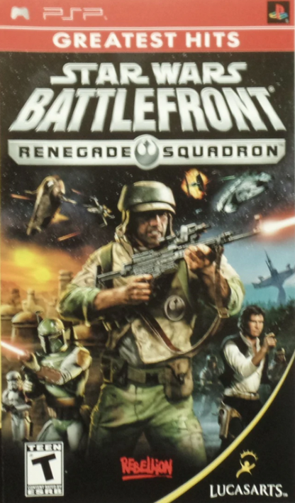 Star Wars Battlefront Renegade Squadron Greatest Hits for PlayStation Portable, cover image for a third-person shooter video game with large-scale battles, customizable characters, multiplayer gameplay, and sci-fi combat action