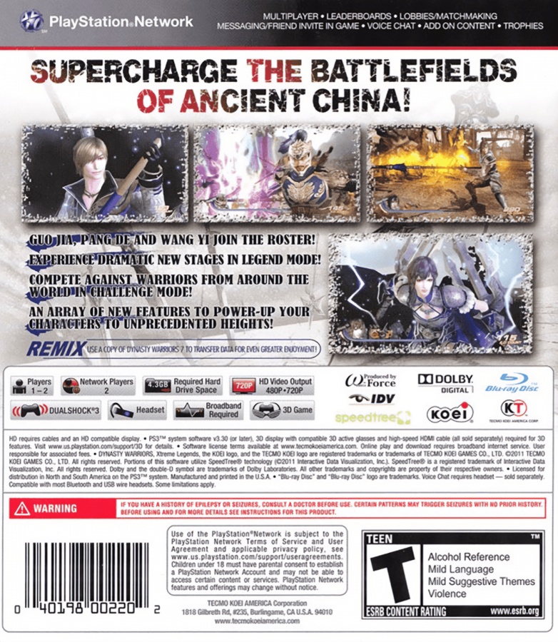 Dynasty Warriors 7 back cover art for PlayStation 3 (PS3) video game