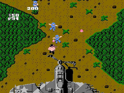 Ikari Warriors for Nintendo Entertainment System top down run and gun shooter featuring military combat co op gameplay enemy soldiers tanks and arcade style action gameplay 