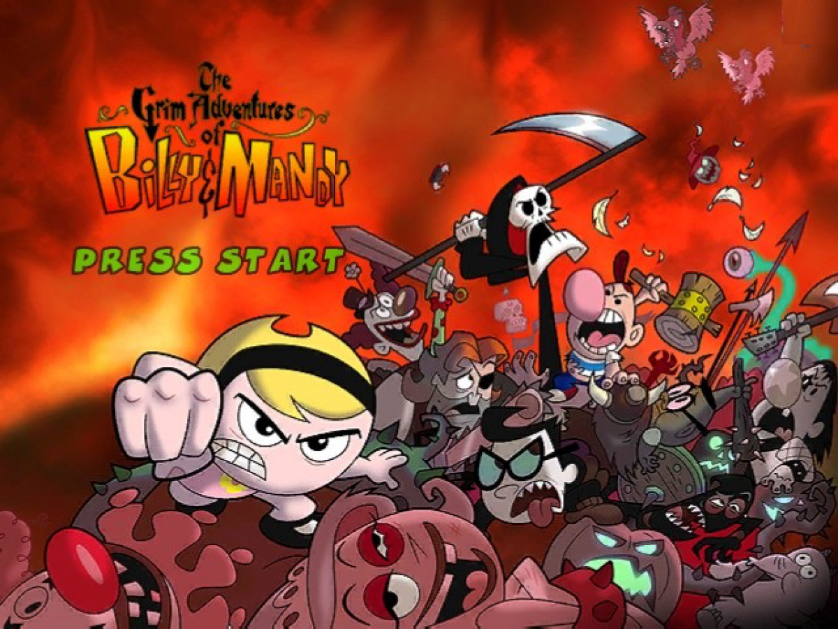 The Grim Adventures of Billy & Mandy title screen for GameCube (GC) game featuring cartoon-inspired action platformer gameplay based on the classic Cartoon Network series
