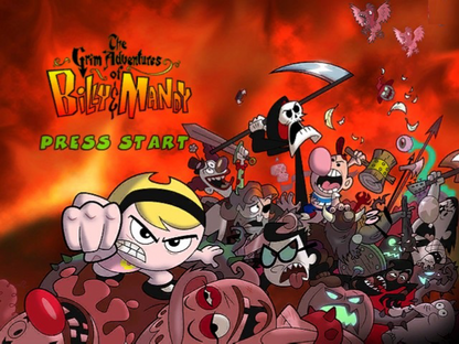 The Grim Adventures of Billy & Mandy title screen for GameCube (GC) game featuring cartoon-inspired action platformer gameplay based on the classic Cartoon Network series