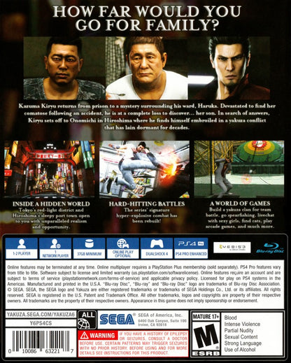 Yakuza 6: The Song of Life – PlayStation 4 (PS4) video game back of case, action-adventure role-playing game.