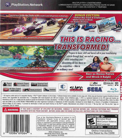 Sonic All Stars Racing Transformed PS3 Bonus Edition game featuring fast-paced arcade racing, transforming vehicles, and bonus content with iconic Sega characters back cover