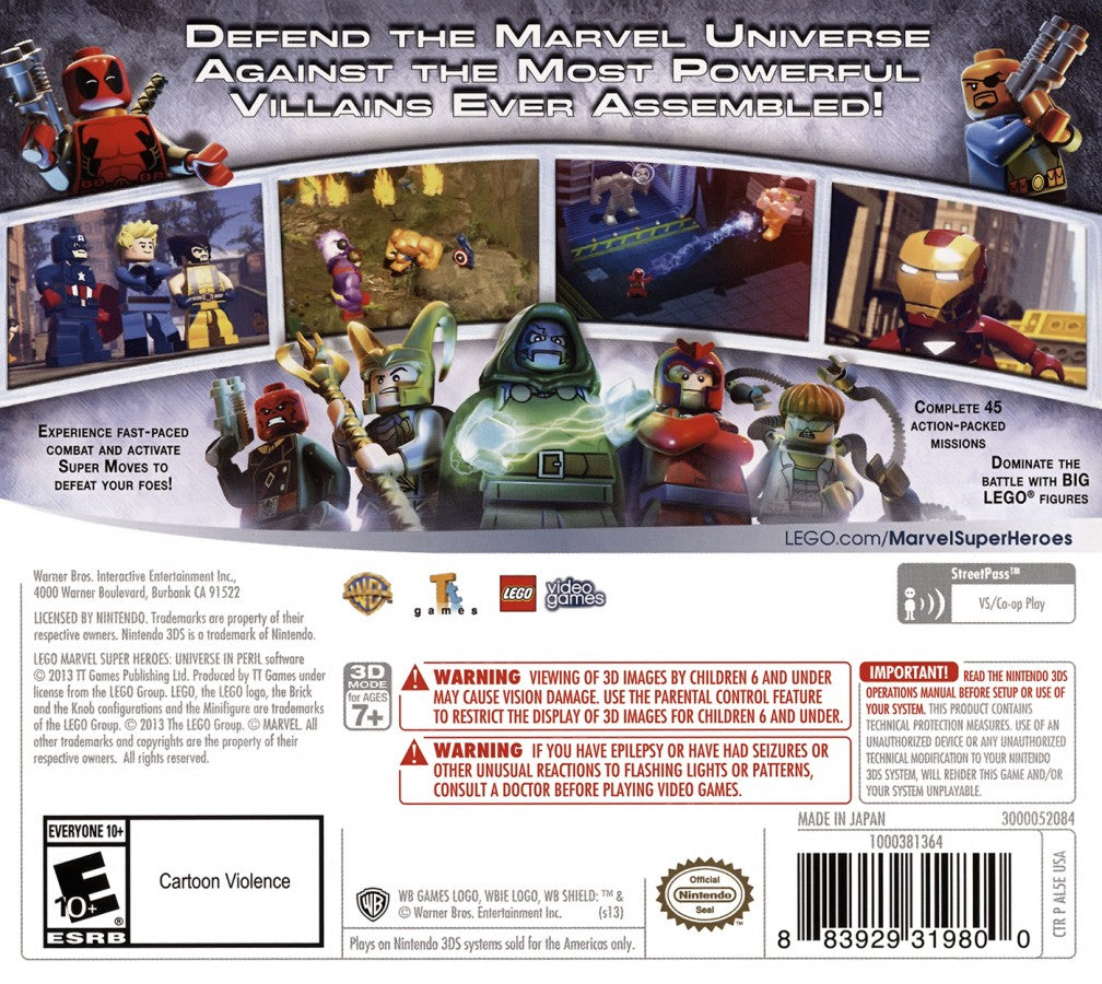LEGO Marvel Super Heroes Universe in Peril back cover art for Nintendo 3DS video game, action adventure, superhero gameplay, LEGO-style combat, handheld console title
