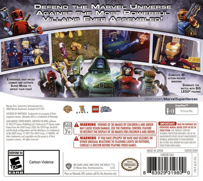 LEGO Marvel Super Heroes Universe in Peril back cover art for Nintendo 3DS video game, action adventure, superhero gameplay, LEGO-style combat, handheld console title