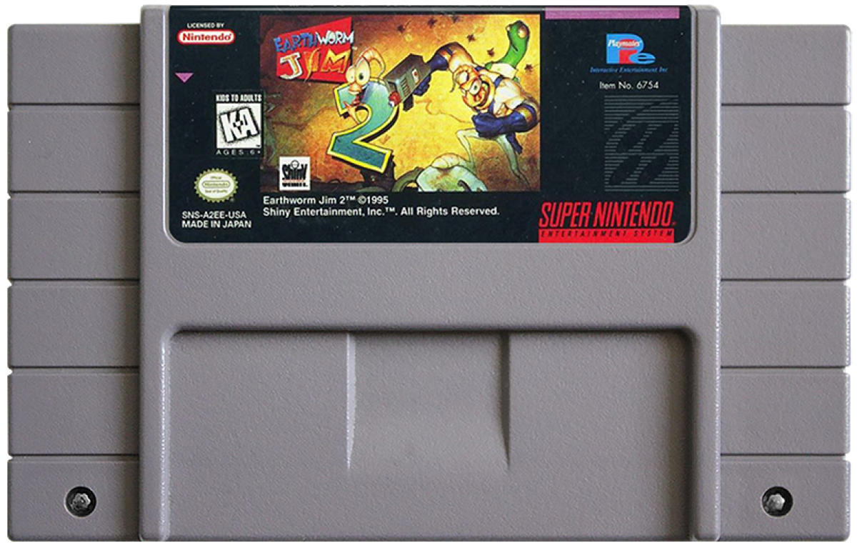 Earthworm Jim 2 for Super Nintendo side scrolling platformer featuring Earthworm Jim bizarre humor creative levels unique weapons and cartoon style gameplay cartridge