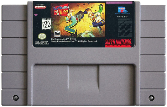 Earthworm Jim 2 for Super Nintendo side scrolling platformer featuring Earthworm Jim bizarre humor creative levels unique weapons and cartoon style gameplay cartridge