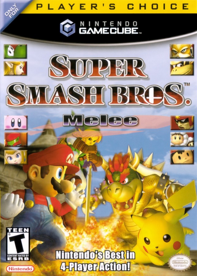 Super Smash Bros. Melee for Nintendo GameCube fighting party game featuring Mario Link Pikachu multiplayer versus mode competitive platform brawler gameplay cover art
